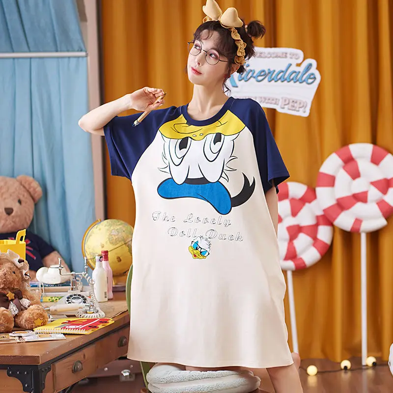 Nightdress Female Summer Long Section Over The Knee Loose Large Size Casual Cartoon Outside Pajamas Maternity Home Service