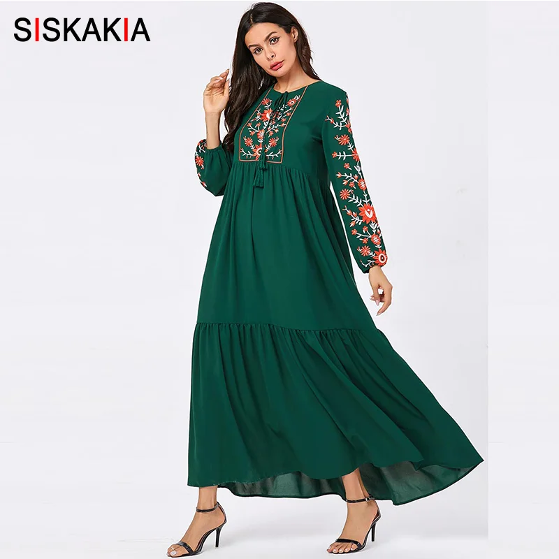 Green dress Siskakia осень, длинное платье с цветочной вышивкой, элегантное женское платье размера плюс, этнические драпированные платья с кисточками и кулиской - Цвет: Green dress