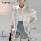 Женская Повседневная рубашка TWOTWINSTYLE, белая однотонная Свободная блузка с длинными рукавами и отложным воротником на лето, 2021