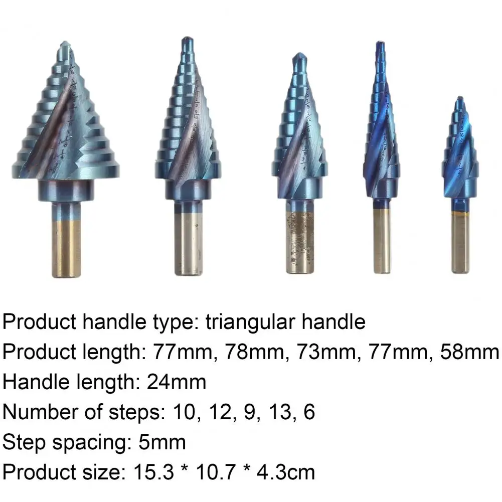 

5Pcs 1/8-15/8 inch Step Drill Bits Sharp Abrasion-resistant Triangular Handle Aluminium Dual Spiral Flute Stepped Drill Bits
