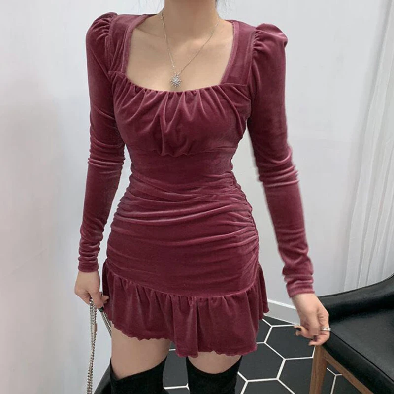 

Sexy Ruffle Velvet Dress Puff Long Sleeve Mini Bodycon Black Vintage 2020 Spring Cute Korean Style Women Clothes Kleider Damen