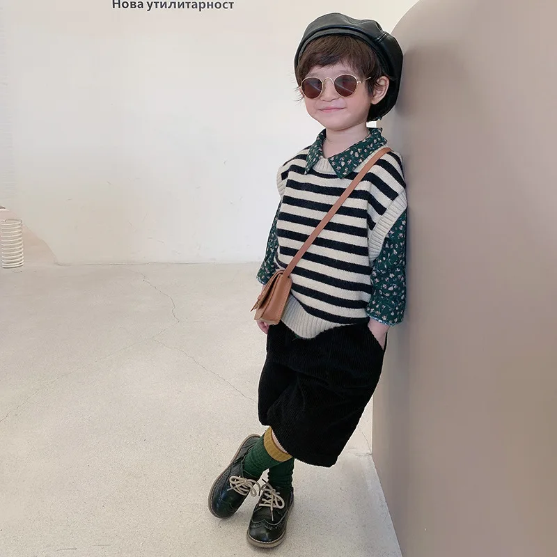 

Комплект одежды для маленьких мальчиков осень/зима детский вязаный жилет + блузка + штаны модный костюм корейский Бутик детская вязаная оде...