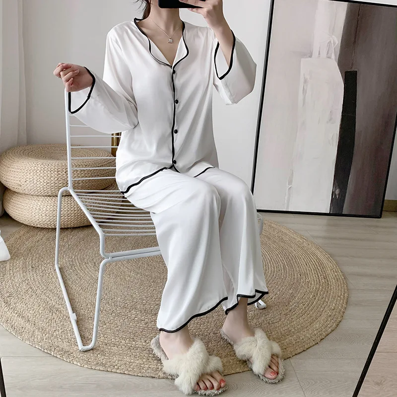 

Pijama Femme Satin 2021 New Spring Summer Pijama Seda Mujer Silk Sexy Chiffon Ruffled Long Sleeved Pajamas Women Home Wear Set