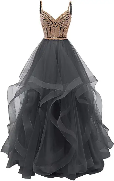 Серый Vkbridal цвета шампанского золото Многоуровневое Тюлевое вечернее платье Длинные бальные платья кристаллы на шнуровке длинное формальное выпускное платье ремни - Цвет: Серый