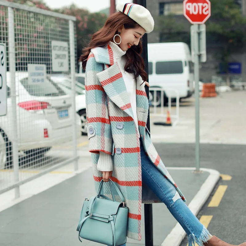 High Quality Brand Womens Coats Fashion Korean Plaid Sleeve Woolen Jacket Female Elegant Double Breasted Long Outerwear