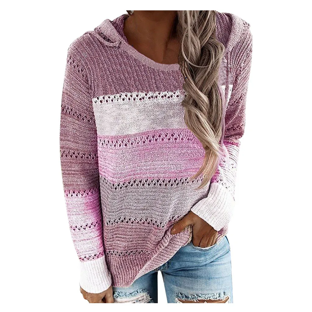 

Women Knitted Hoodies Autumn Striped Hooded Sweatshirt Casual Patchwork V-Neck Long Sleeve Plus Size Female Hoody Pullover