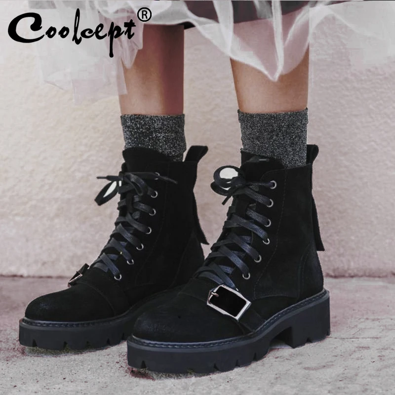 

Coolcept Women Ankle Boots Winter Genuine Leather Brand New Designer Shoes Women Buckle Casual Flats Footwear Size 34-39