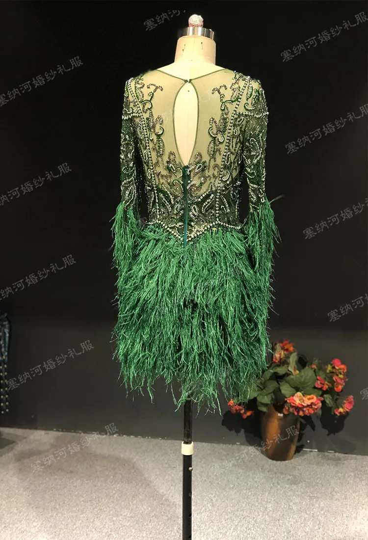 Rhine real Pictures Luxurious Long sleeves Drak Green with Feathers Crystal vestido de noiva arabic evening dresses