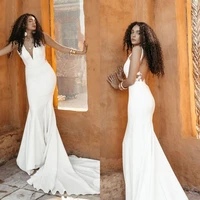 sexy cheap mermaid wedding dresses deep v neck appliques lace satin bridal gowns backless sweep train wedding dress robe