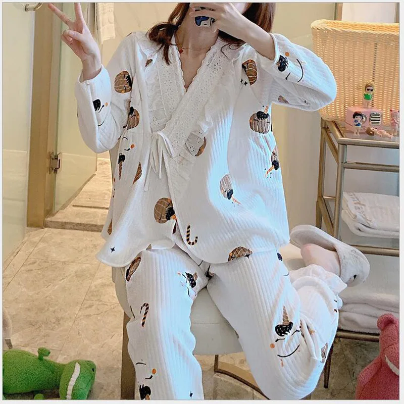 Осенняя хлопковая пижама с длинным рукавом для беременных 2 шт./компл. одежда сна
