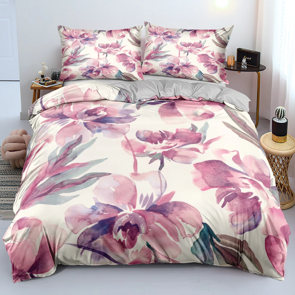 

HD Ink Painting Pink Flower Bed Linen Double-sided Duvet/Quilt Cover Set Twin Queen King Size 140x210cm Bedding Set Home Textile