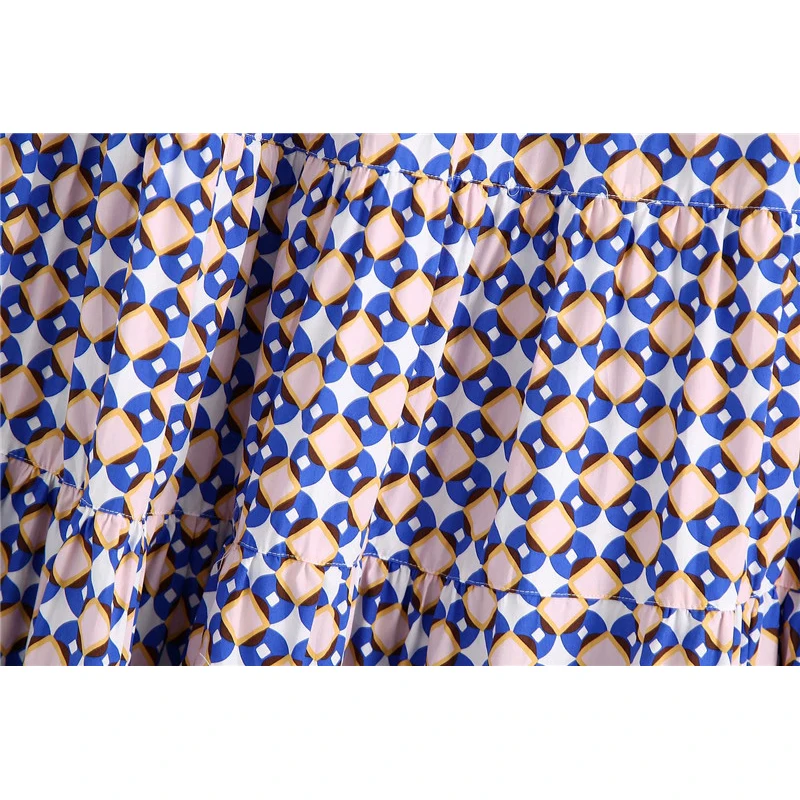 

Evfer Fashion Geometric Print Za Summer High Waist Blue Long Skirts Women Casual Drawstring Elastic Waist A-Line Chic Skirt