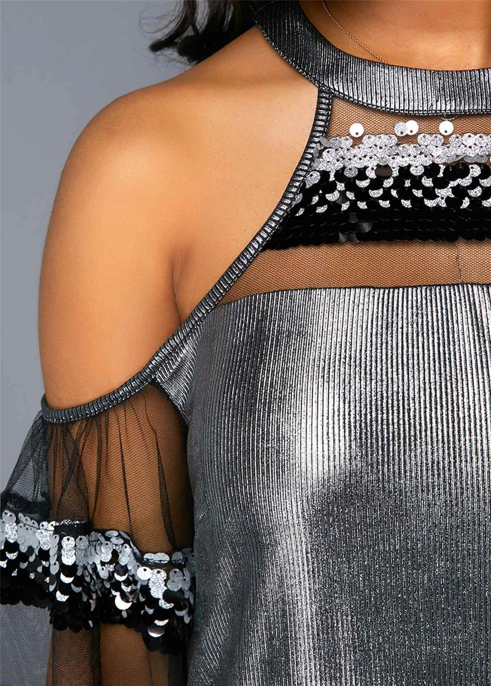 

Women Mesh Sequins Blouse Tops New Lady Hollow Out Patchwork Fashion Shirts Off Shoulder Short Sleeve Summer Clothes Vogue Shirt