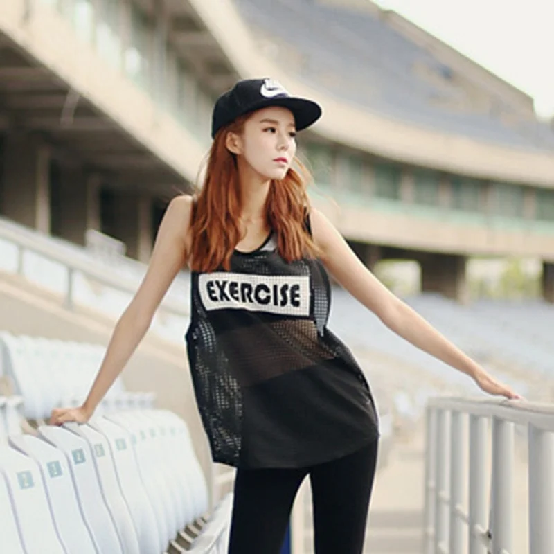 

Loose and slim fitness vest women's sports running sexy mesh Hoodie sleeveless letter T-shirt