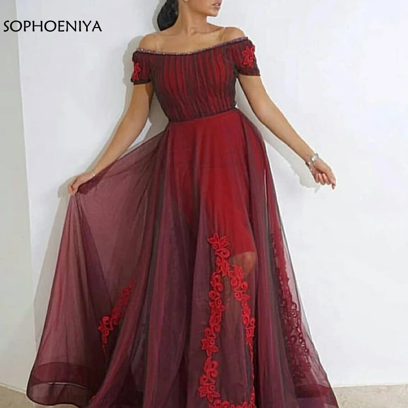

New Arrival Short sleeve Arabic evening dress Party Burgundy Black Tulle evening dresses long Robe de soiree galajurken