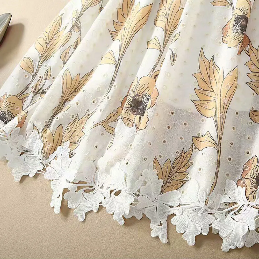 

Cotton High Quality Dress 2021 Spring Runway Style Women O-Neck Hollow Out Embroidery Short Sleeve Slim Fitted A-Line Dress