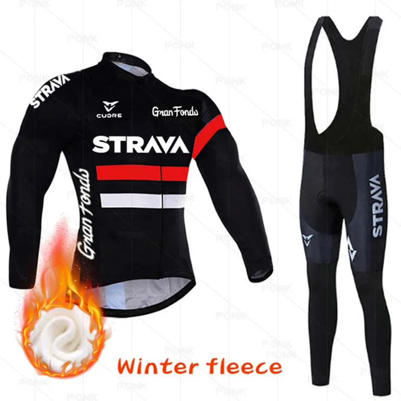 

New STRAVA Winter Thermal Fleece Set Cycling Clothes Men's Jersey Suit Sport Riding Bike MTB Clothing Bib Pants Warm Sets Ropa