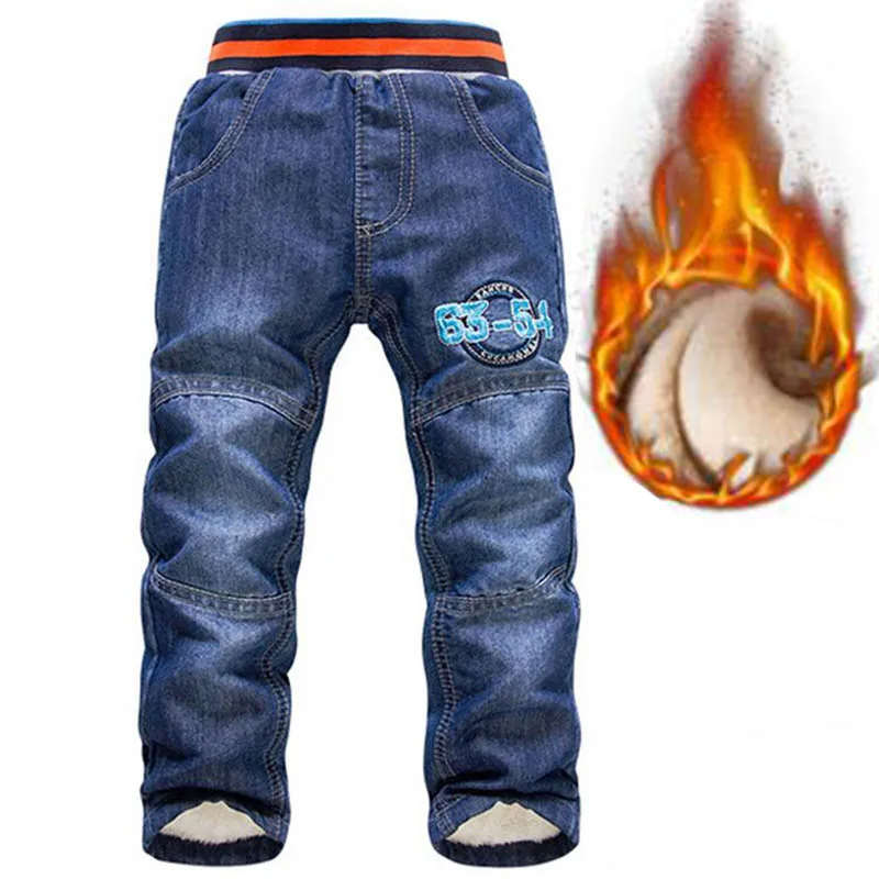 Boys Jeans Winter Pants For Boy Embroidery Warm Thermal Cotton-padded Trousers Kids Thicken Plus Velvet Denim Boys Pants