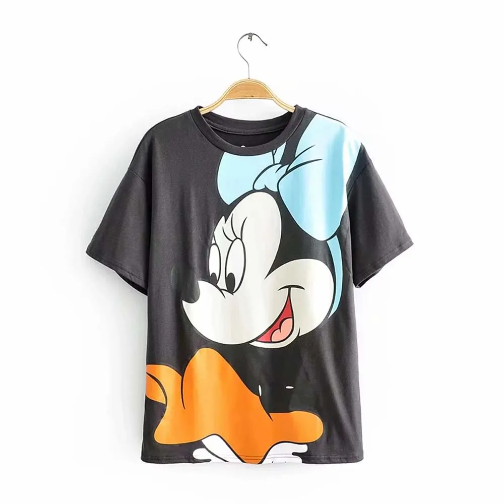dark grey Летняя модная футболка Женская harajuku Корейская одежда уличная мультяшная девочка принт хлопок с круглым вырезом Футболка Топы Большие размеры - Цвет: dark grey