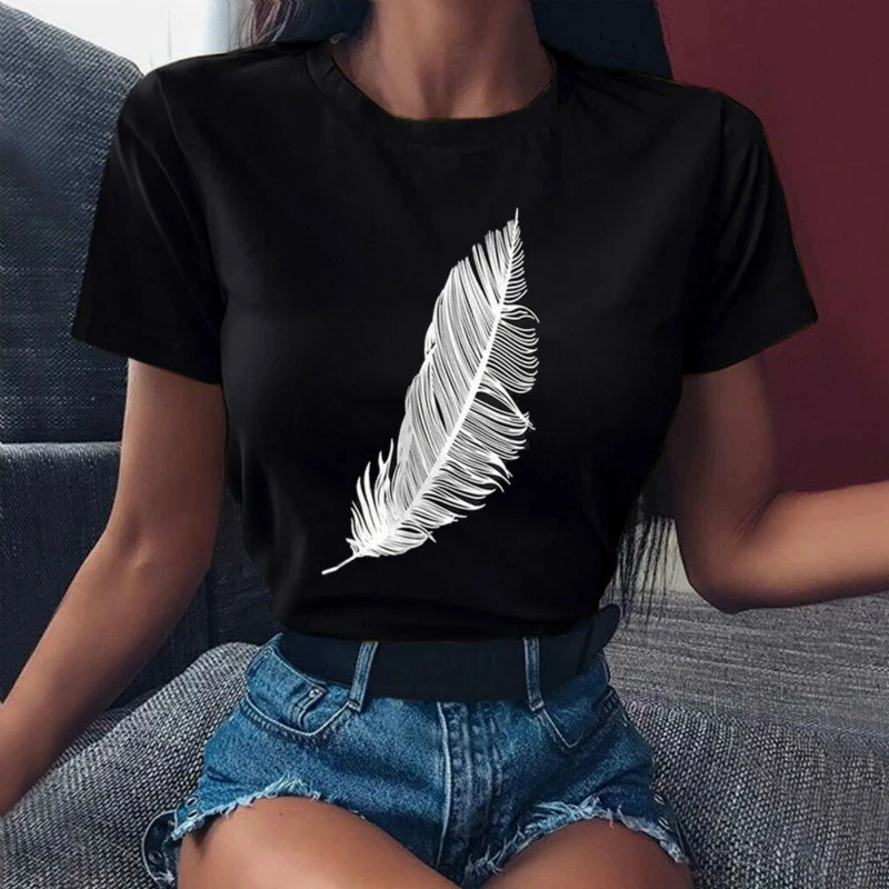 

FIXSYS Women Casual Harajuku Fashion T-shirt Feather Print Loose O-neck Short Sleeve Elastic Stretched Summer Home New Tee Shirt