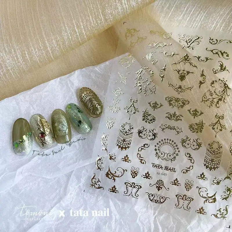 

3D Vintage Nail Art Sticker Laser Rose Gold Floral Pattern Nail Art Decoration Adhesive Nail Decorative Decals for Manicure