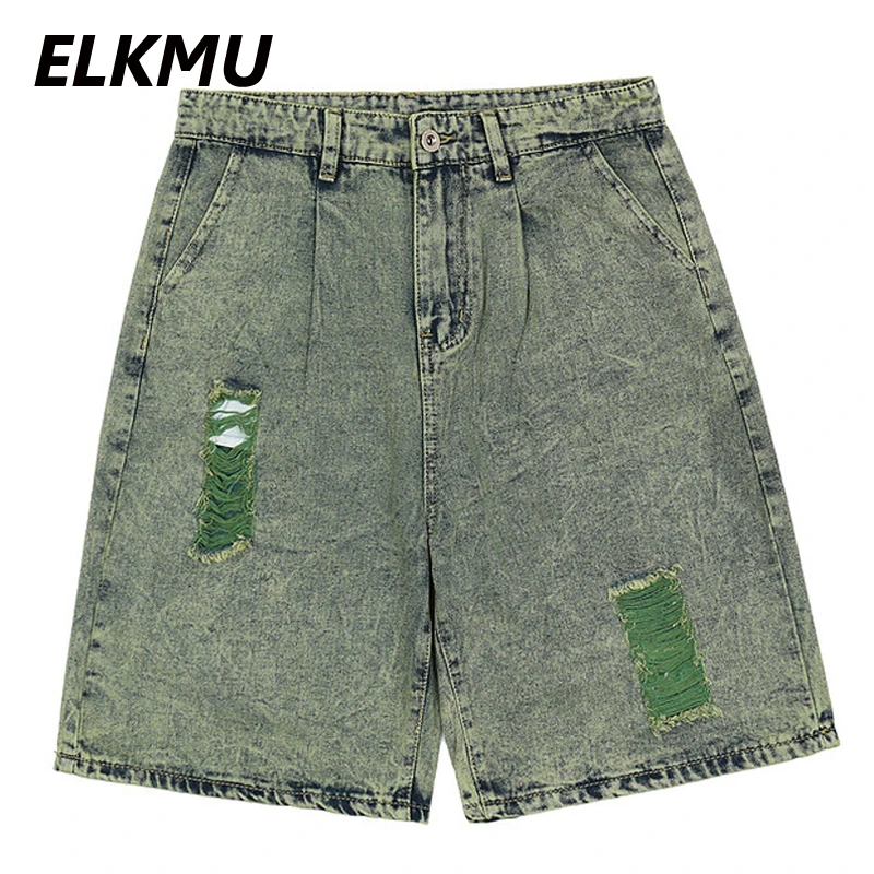 

ELKMU Vintage Denim Shorts Men 2021 Summer Ripped Hole Jeans Shorts Streetwear Casual Green Short Pants Male Harajuku HE975