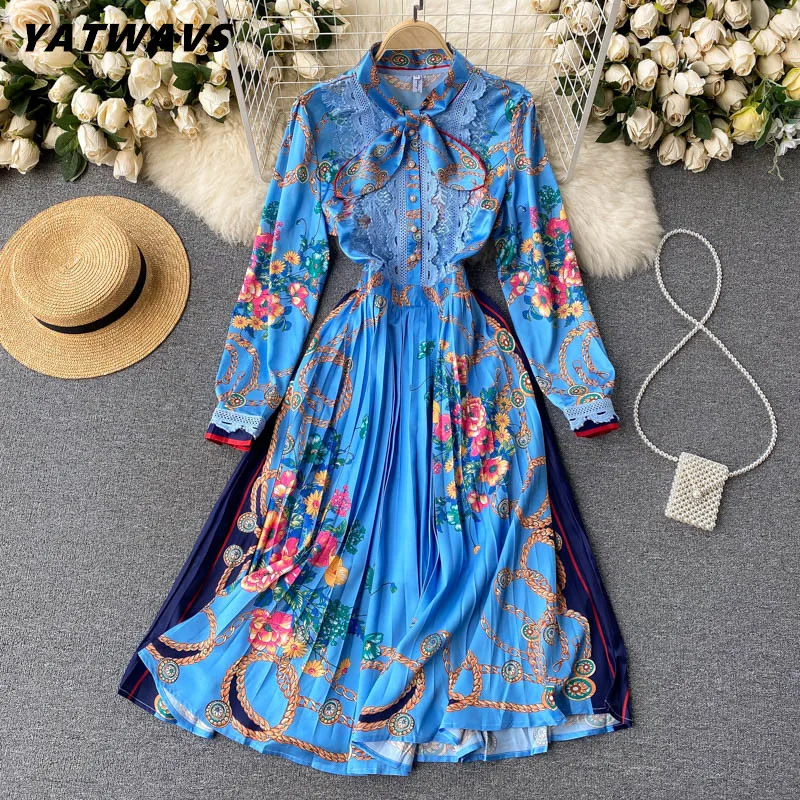 

2022 Spring Runway Designer Bow Neck Pleated Dress Women Lace Patchwork Floral Print Elegant Holiday Party Midi Dress Vestidos