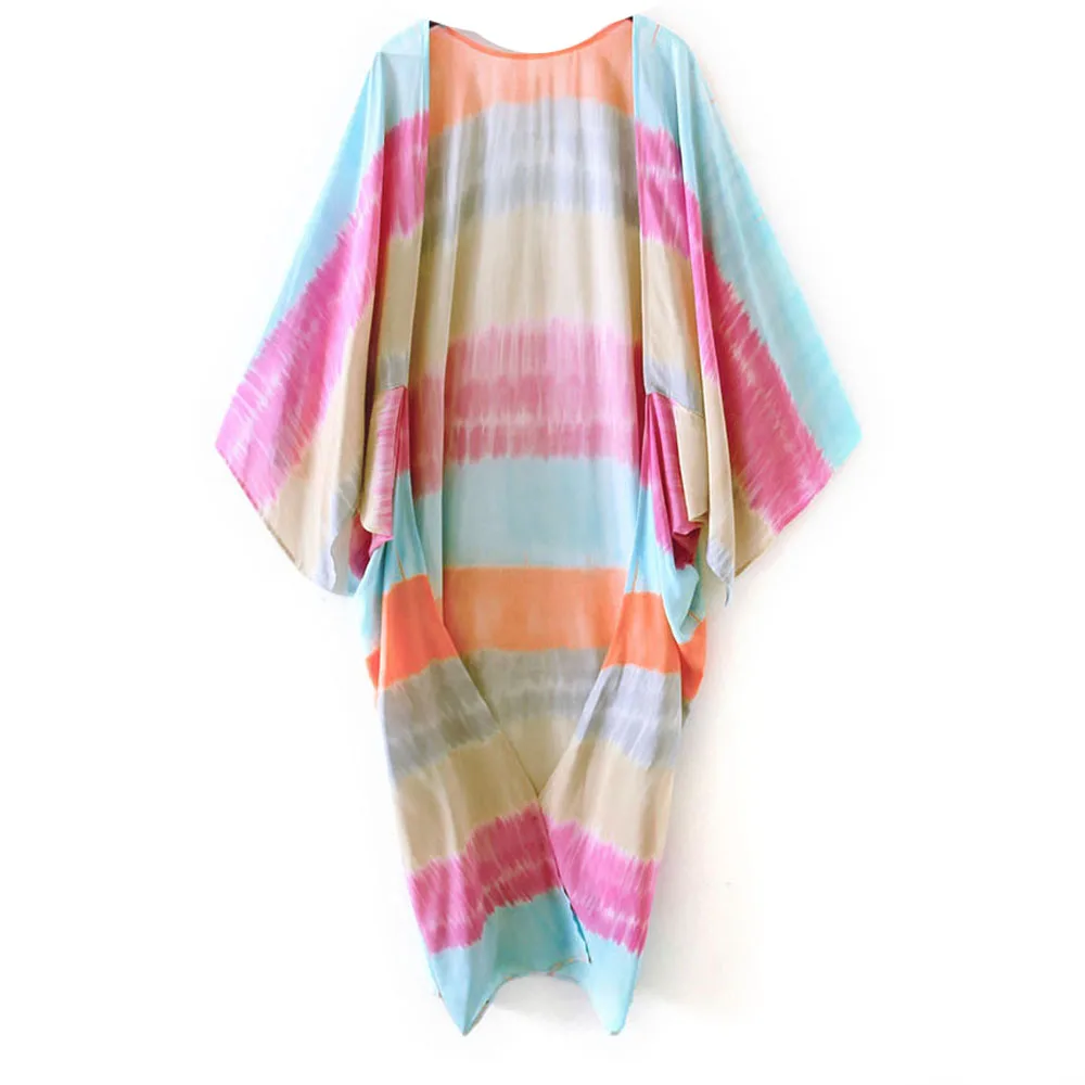 Summer Maxi Kimono New Trend Tie-Dye Striped Duster Cotton Rainbow Coat Casual Breezy Swimwear Coverup Women Vigorous Cardigans |