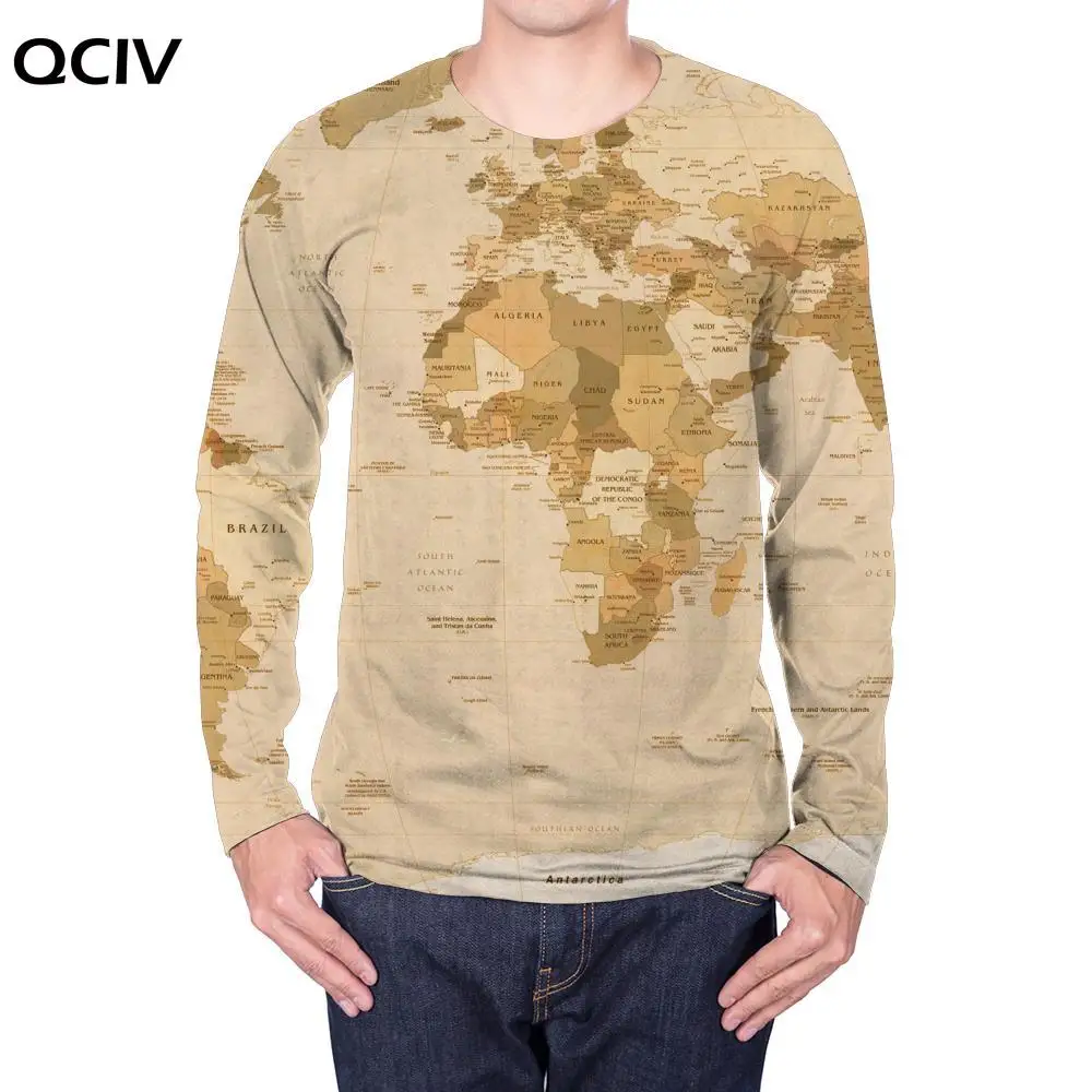 

QCIV Brand World Map Long sleeve T shirt Men Retro Anime Clothes Novel Funny T shirts Harajuku Punk Rock Mens Clothing Summer