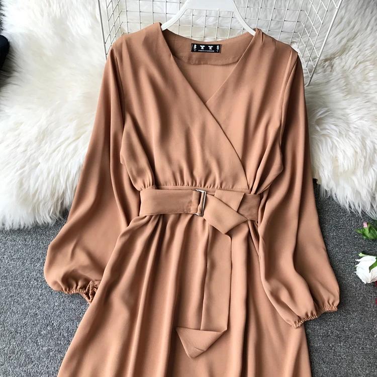 ALPHALMODA осеннее офисное женское платье с длинными рукавами и поясом, новое повседневное шифоновое платье с высокой талией и v-образным вырезом, однотонное женское платье до середины икры