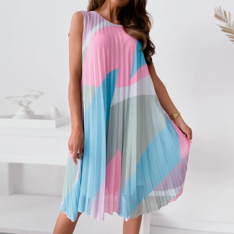 

Summer Casual Sleeveless Print Pleated Dress New Elegant Loose Office Chiffon Midi Dress