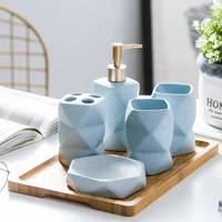 simple blue ceramic wash bathroom set bamboo wood tray nordic bathroom accessories kit wedding set toothbrush holder dispenser