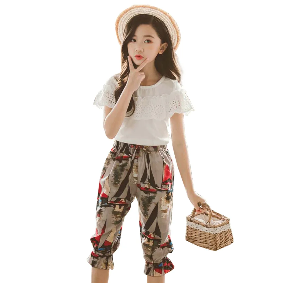 Комплект одежды для девочек кружевная рубашка + штаны с цветочным принтом