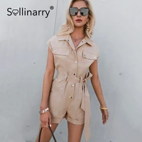 sollinarry pure color sleeveless pockets belt romper single breasted cool jumpsuit romper high street overall fashion romper new