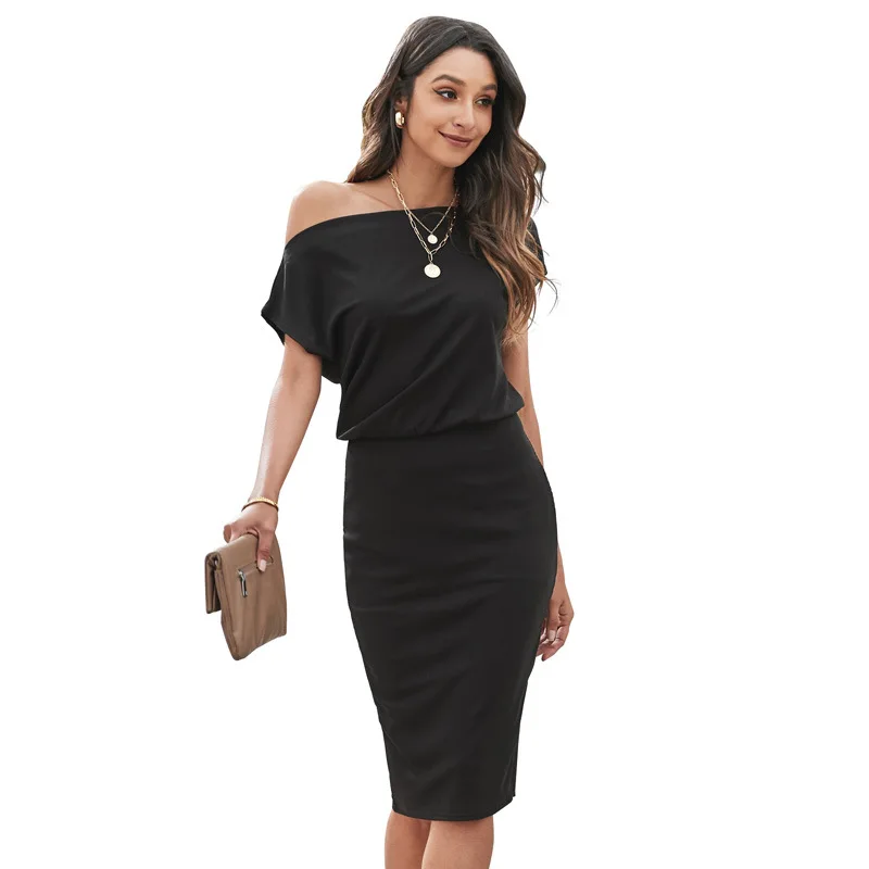 

Pure Color Slim Sexy OL Dress Fasion Hot Selling 2021 Women's Dress New Summer Short Sleeve One-Line Collar Strapless Skirt