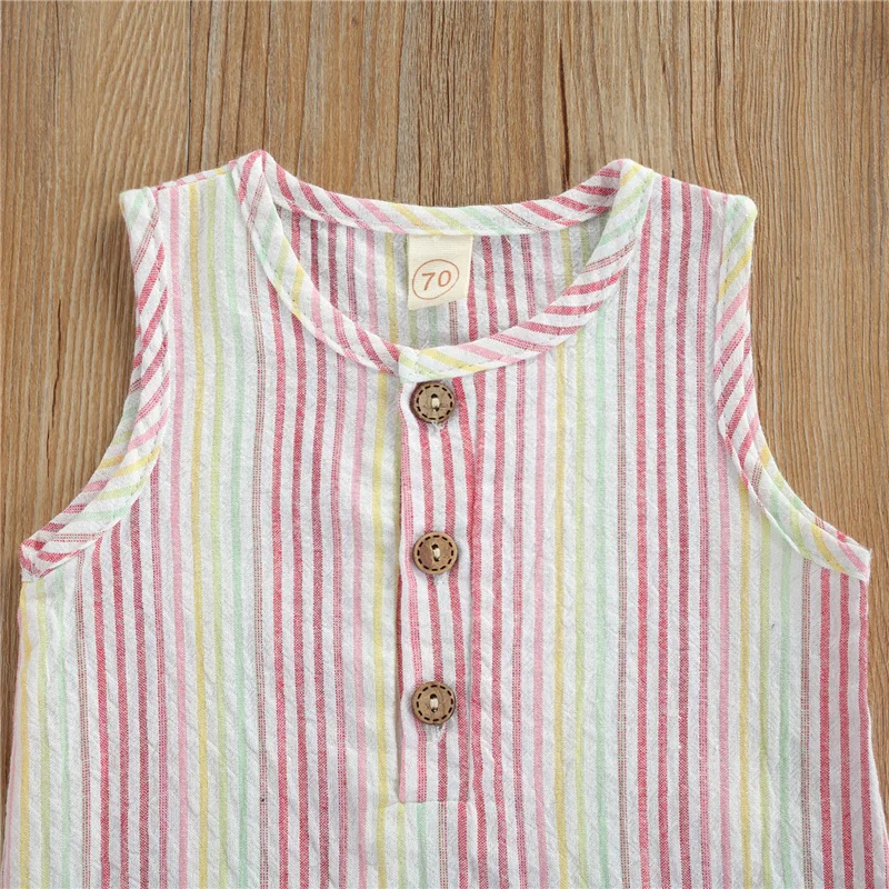 

Baby Girls Summer Striped Short Romper, Sleeveless O-neck Jumpsuit with Pockets
