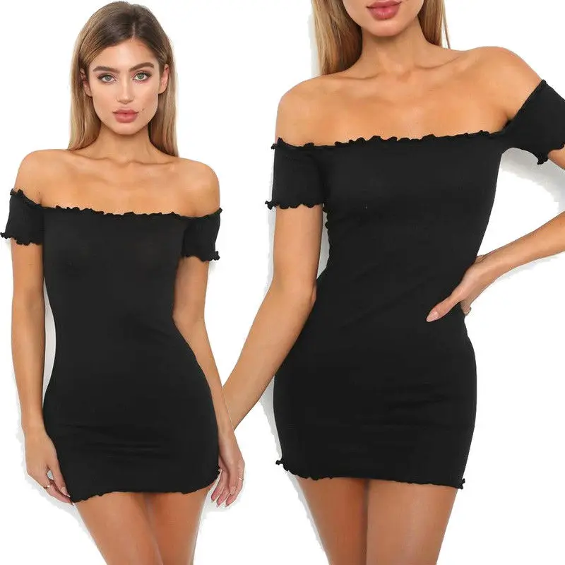 

Summer New Ladies Off Shoulder Brief Solid Dress Women Sexy Bodycon Bandage Evening Party Pencil Short One-Shoulder Collar Dress