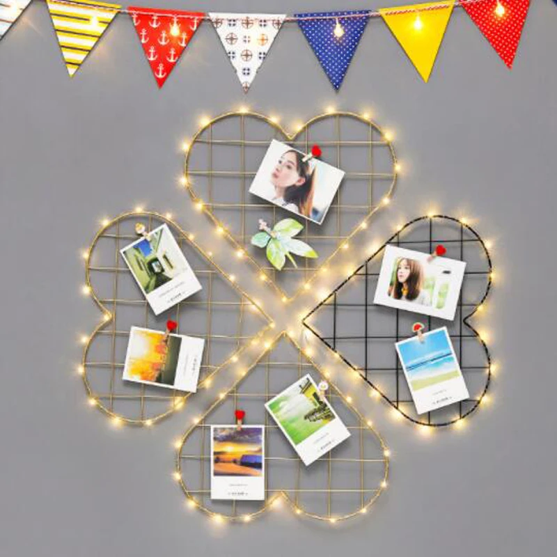 

Iron Heart-shaped Mesh Storage Shelf Organizer Photo Home Wall decoration Art Display Iron Grid Decor Postcards DIY Rack Holder