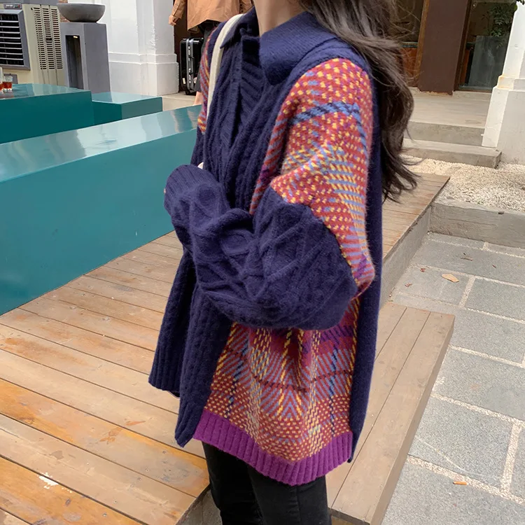 

Women's Knit Tops Long Sleeve Patchwork Plaid Loose Pullover Knitted Bottoming Shirts Color Matching Knitted Sweaters