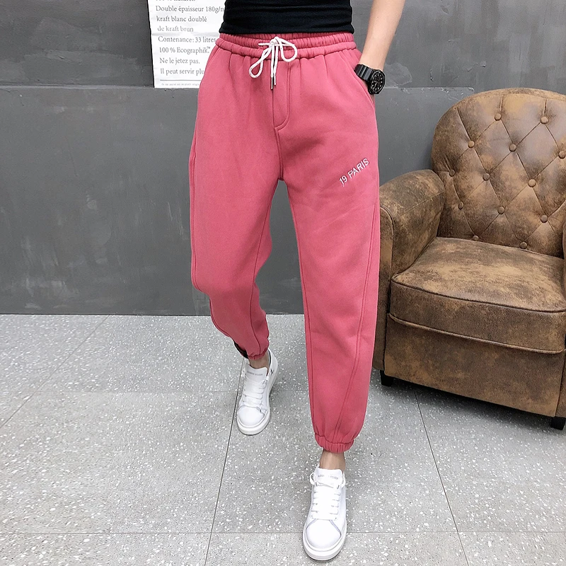 Мода 2019 розовые спортивные штаны для мужчин толстые теплые свободные мужские