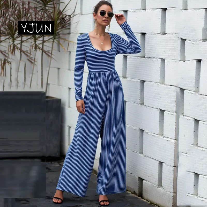 Женский комбинезон в полоску с принтом сексуальный осенний костюм длинным