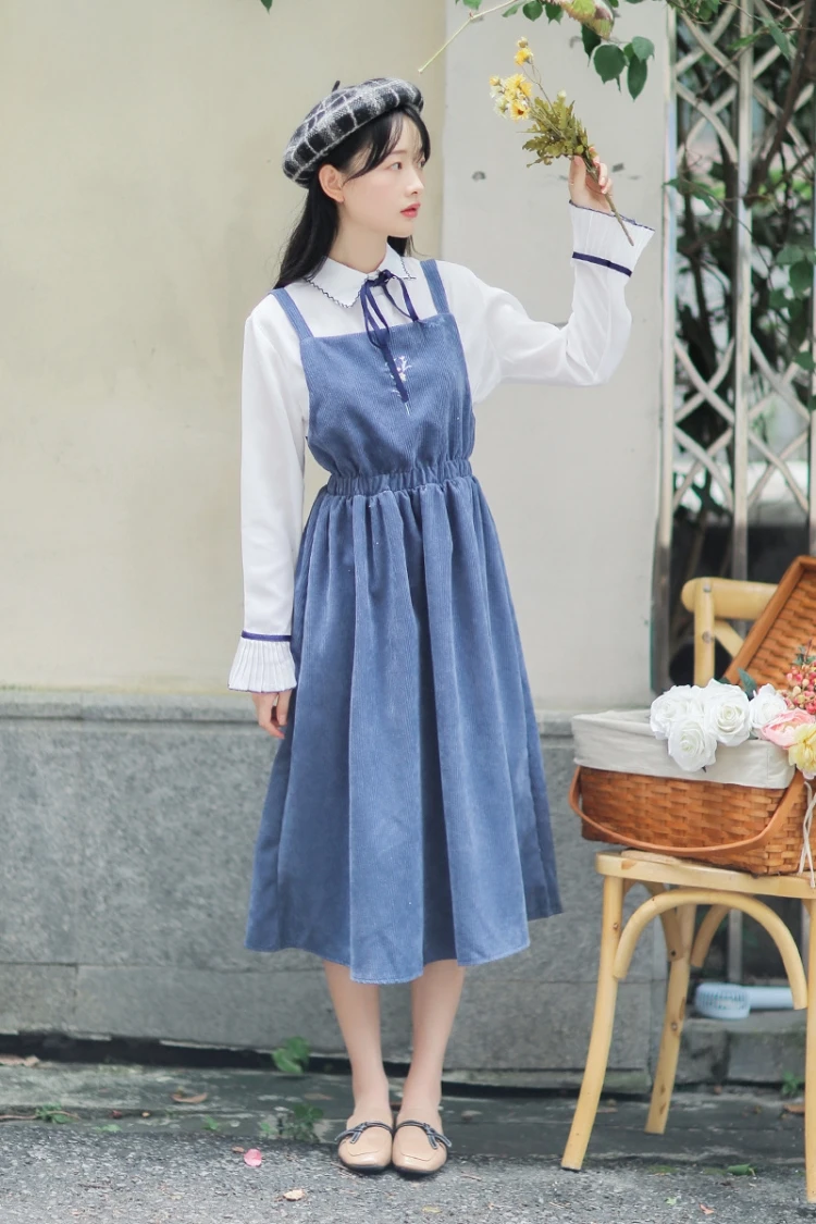 Новинка, Mori Girl, Осенний женский сарафан, бежевое, розовое, зеленое, синее, Цветочная вышивка, без рукавов, длинное платье, элегантное, винтажное, вельветовое платье