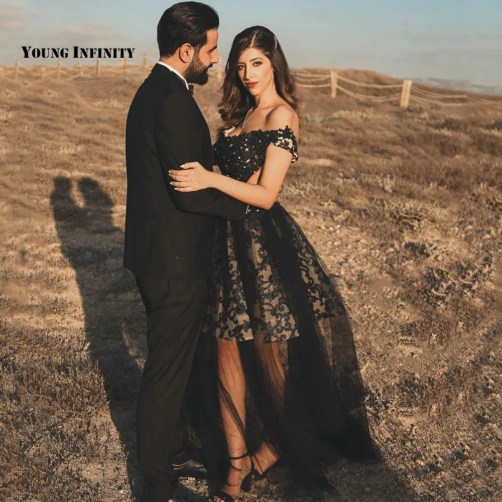 

Женское короткое вечернее платье, элегантное черное платье с открытыми плечами и тюлевой юбкой, с аппликацией из бисера и кристаллов