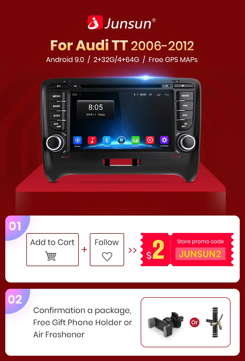 Junsun 4G+ 64G 2 DIN автомобильный DVD помощи при парковке gps для Audi TT MK2 8J 2006 2007 2008 2009 2010 2011 2012 автомобильный мультимедийный плеер радио