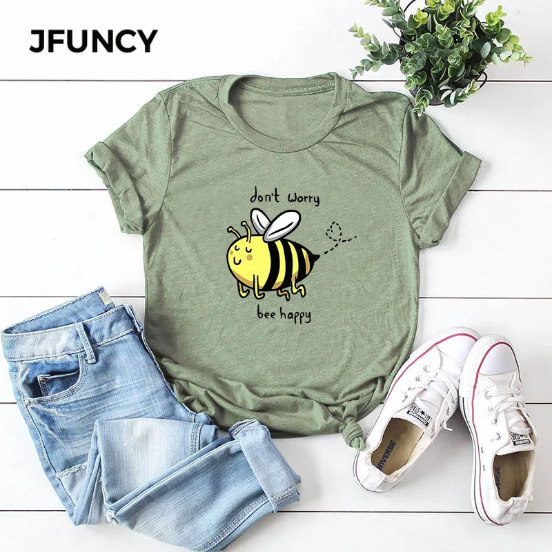 JFUNCY Cute Cartoon Big Bee Print  Women Loose Tee Tops 100% Cotton Summer T-Shirt Woman Shirts Fashion Casual Tshirt