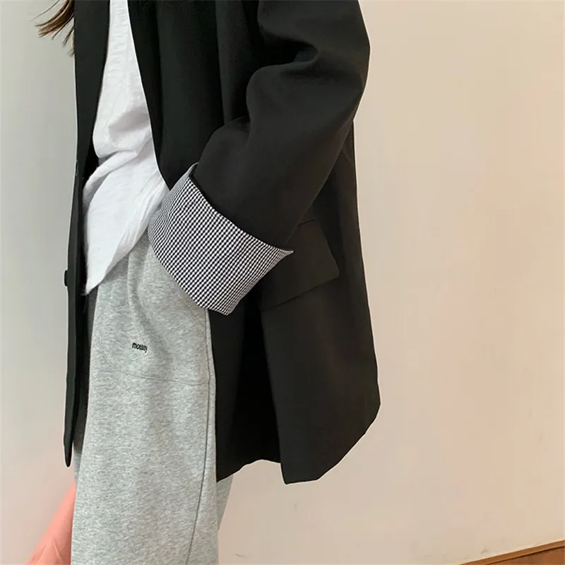 

HziriP 2021 New Autumn Blazers Women Work Wear Formal Stitching Sleeve Plaid Blazer Loose Elegant OL Suit Collar Jacket Female
