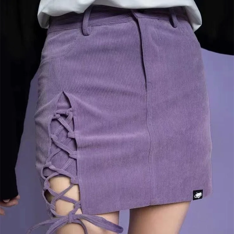

HOUZHOU Harajuku фиолетовая Вельветовая мини-юбка женская бандажная с высокой талией трапециевидная облегающая юбка шорты в Корейском стиле уличн...