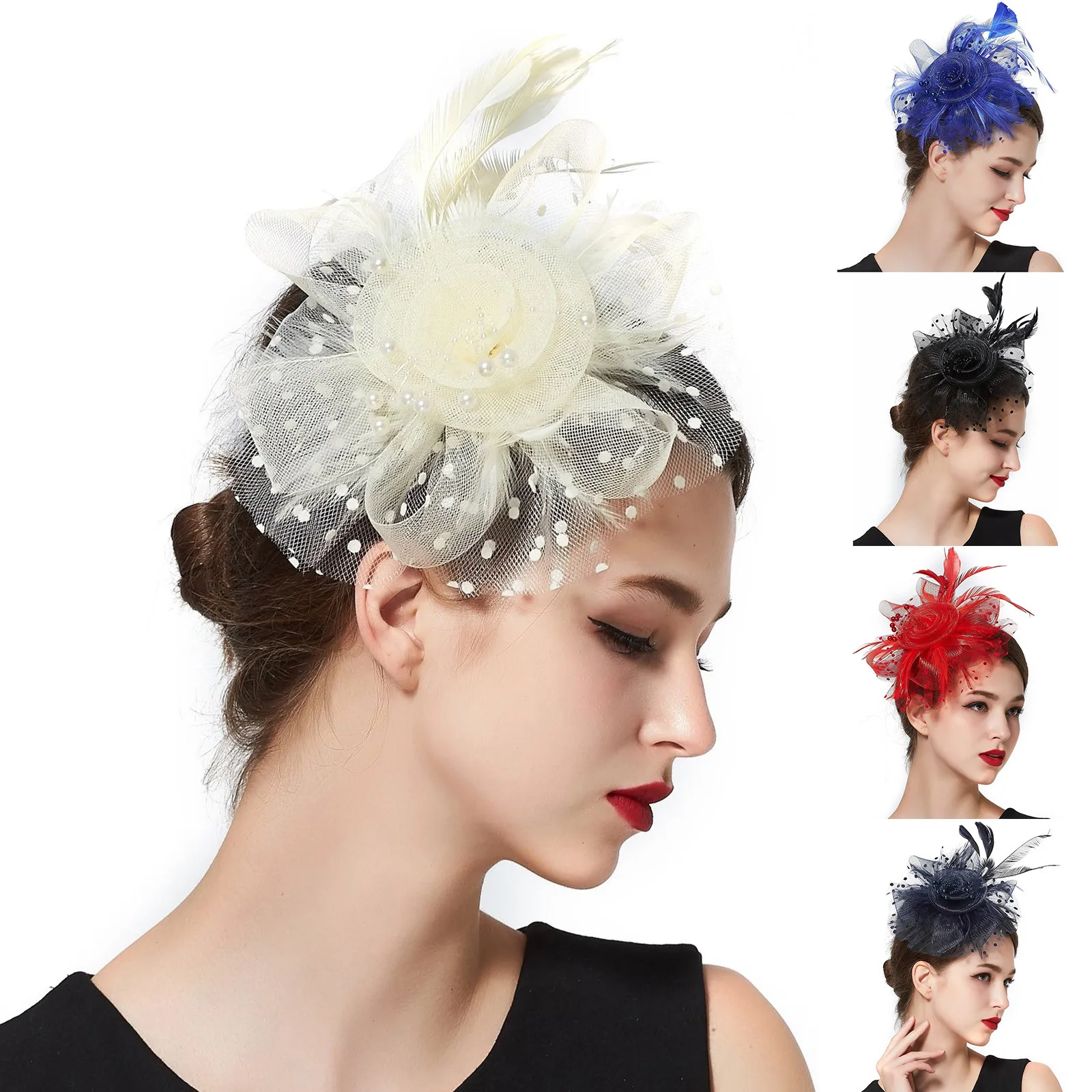 Шляпка женская сетчатая с перьями модный головной убор зажимом для волос