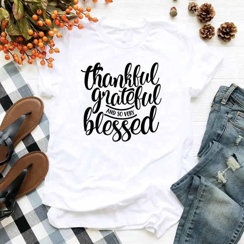 white-black text Благодарная и очень футболка с надписью Blessed, Женская Осенняя Праздничная футболка на День Благодарения, Винтажная футболка унисекс с изображением христианских героев - Цвет: white-black text