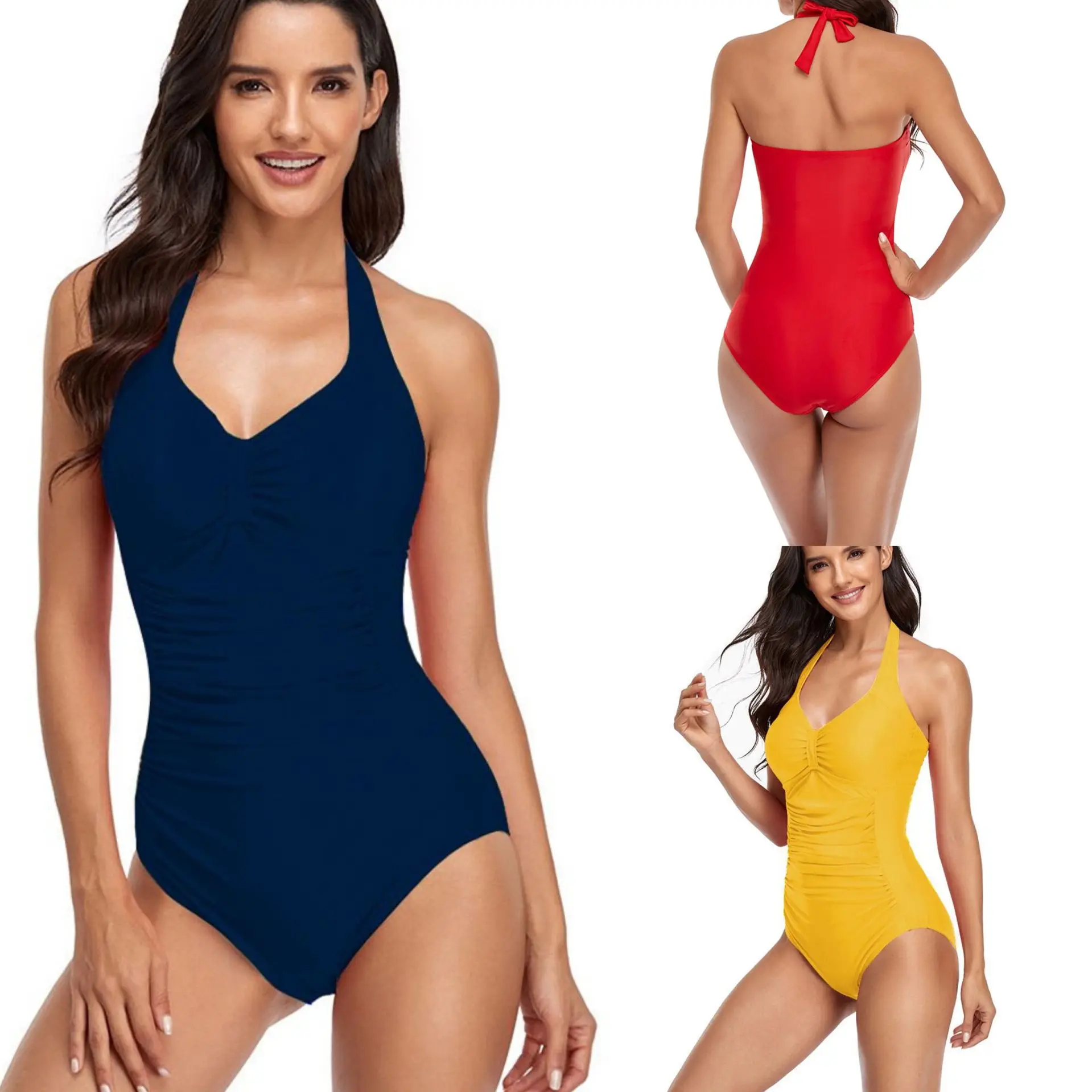 

Monokini New Solid Color Beachwear Women Smocked One Piece Suit Girl Backless Halter Swimsuit Bathing Suits S-2XL